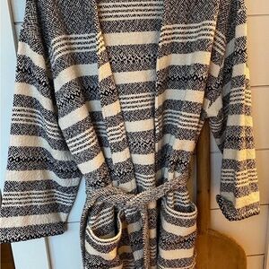 Eileen Fisher Black and Cream Striped organic cotton belted Sweater